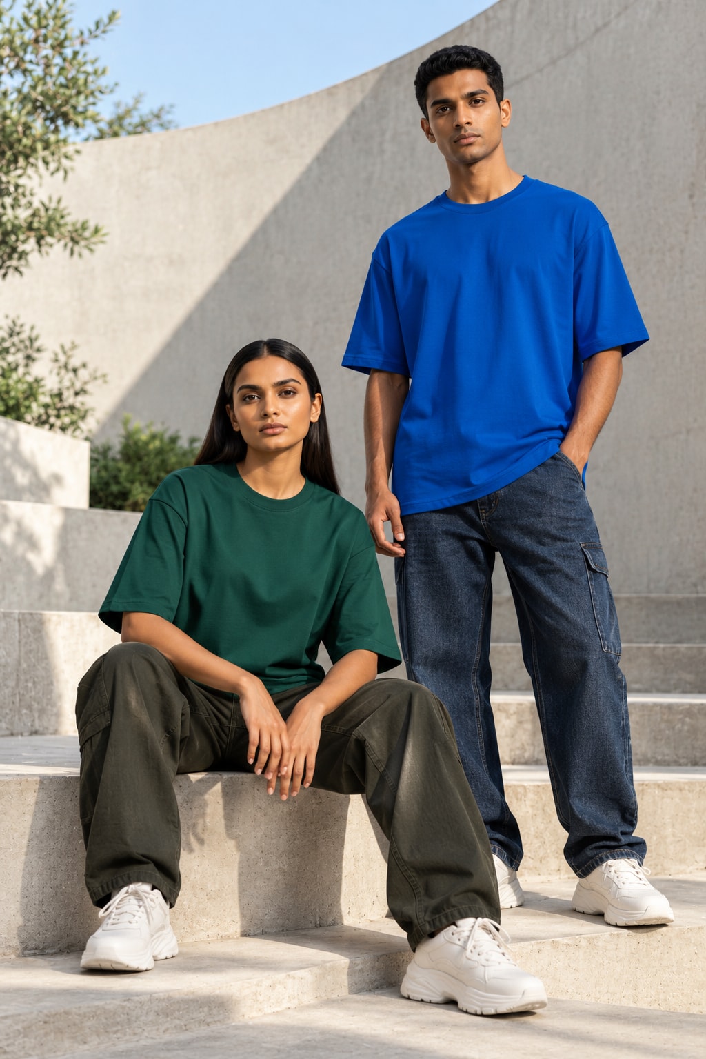 The Minimalist collection: plain Forest Green and Royal Blue oversized tees in a sunlit courtyard.
