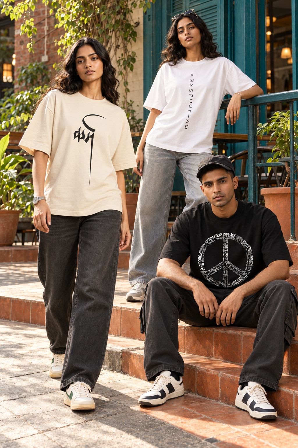The Subtle collection: Karma Light Beige, Perspective White and Peace Black tees in a café courtyard.