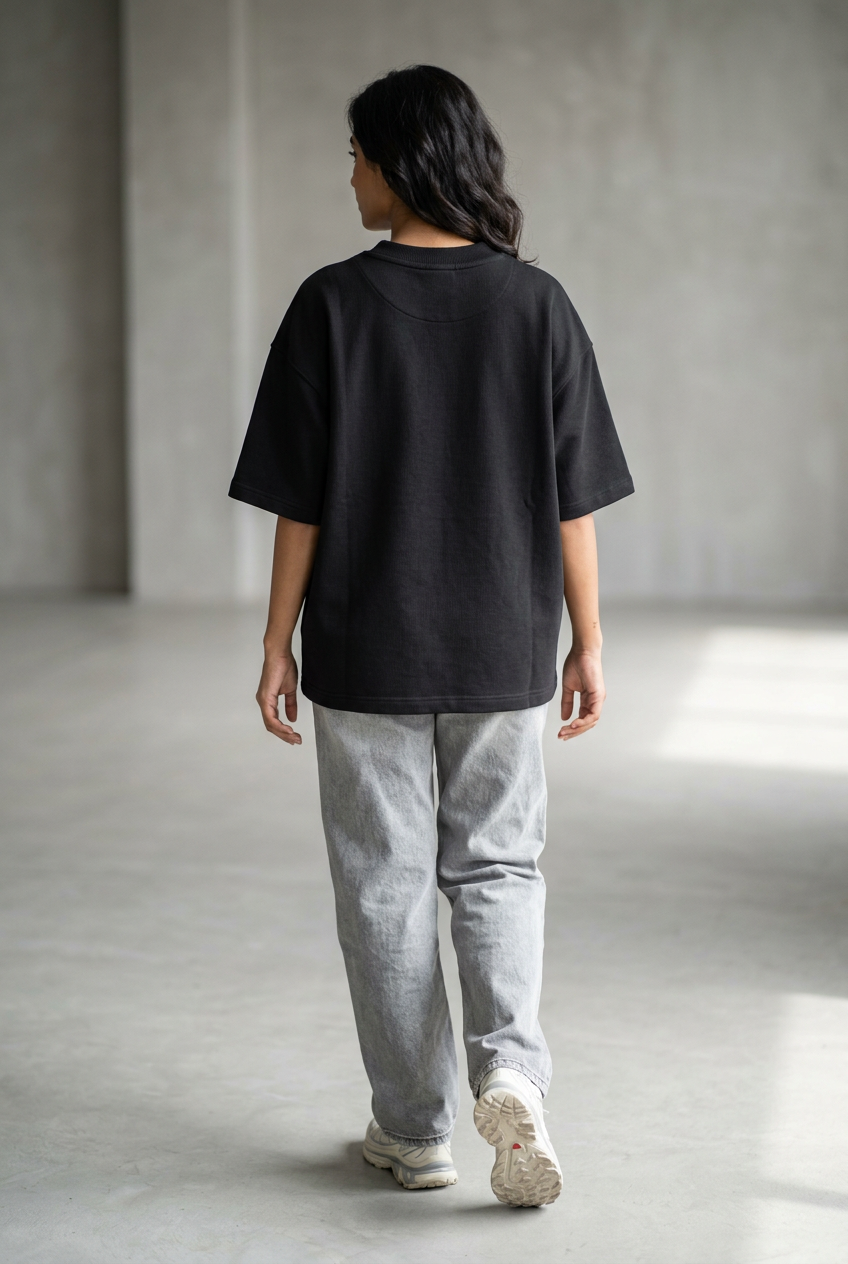Female back in black tee