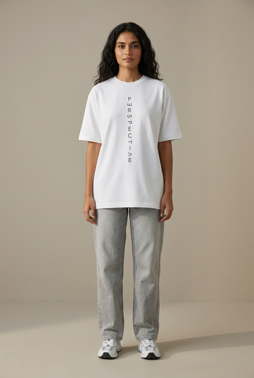 Female single front in white Perspective tee