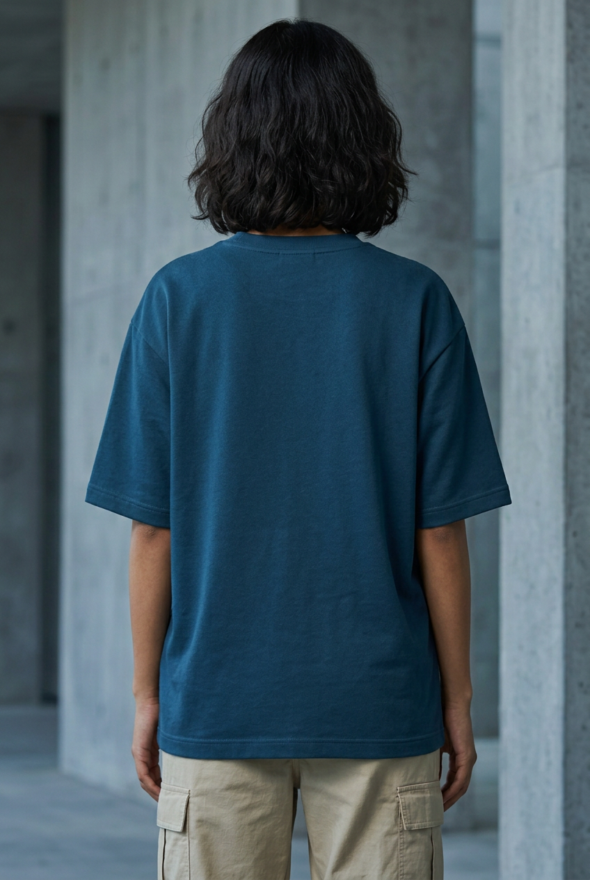 Possible dark turquoise tee, female plain back