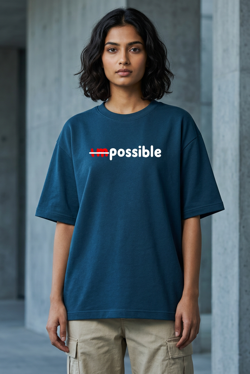 Possible dark turquoise oversized tee, female front with compact print