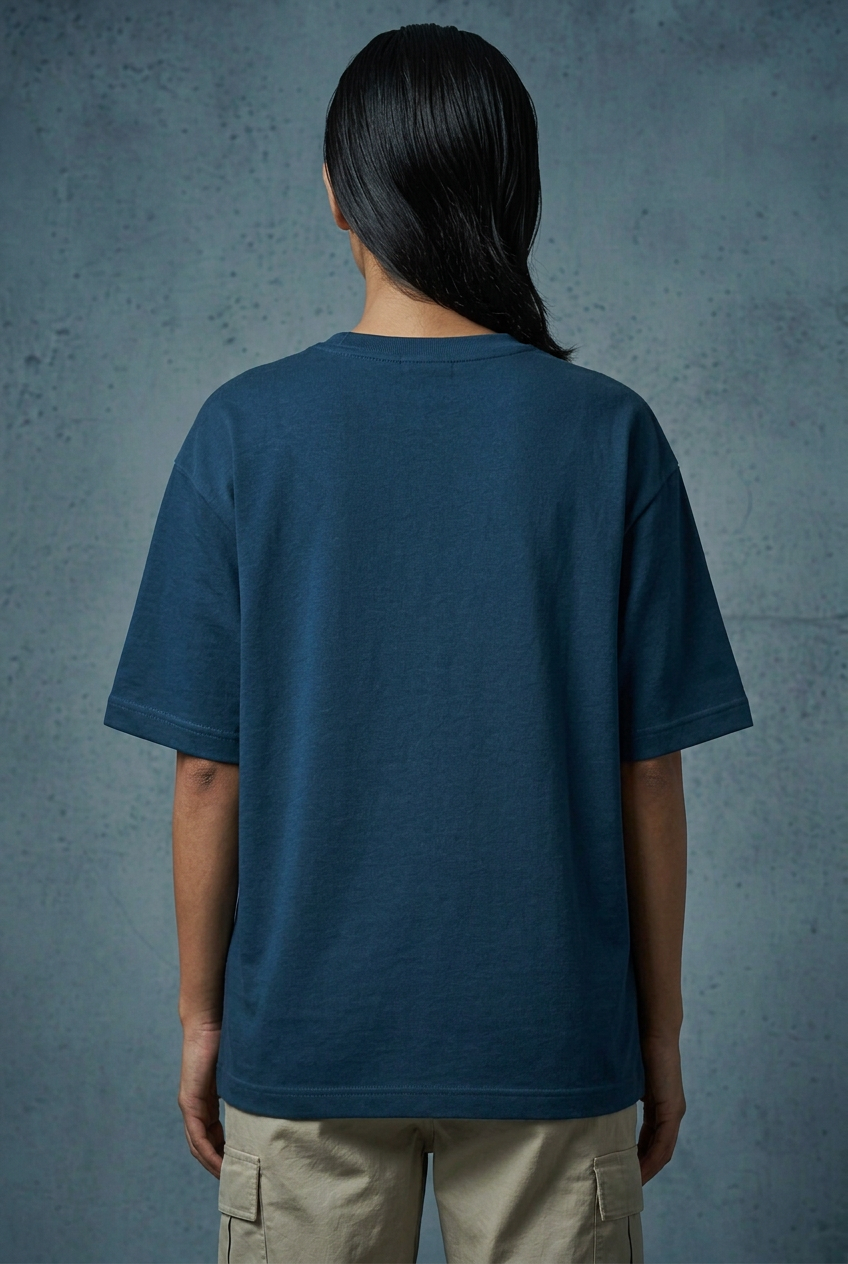 Corrected female back in plain dark turquoise short-sleeve crew-neck T-shirt