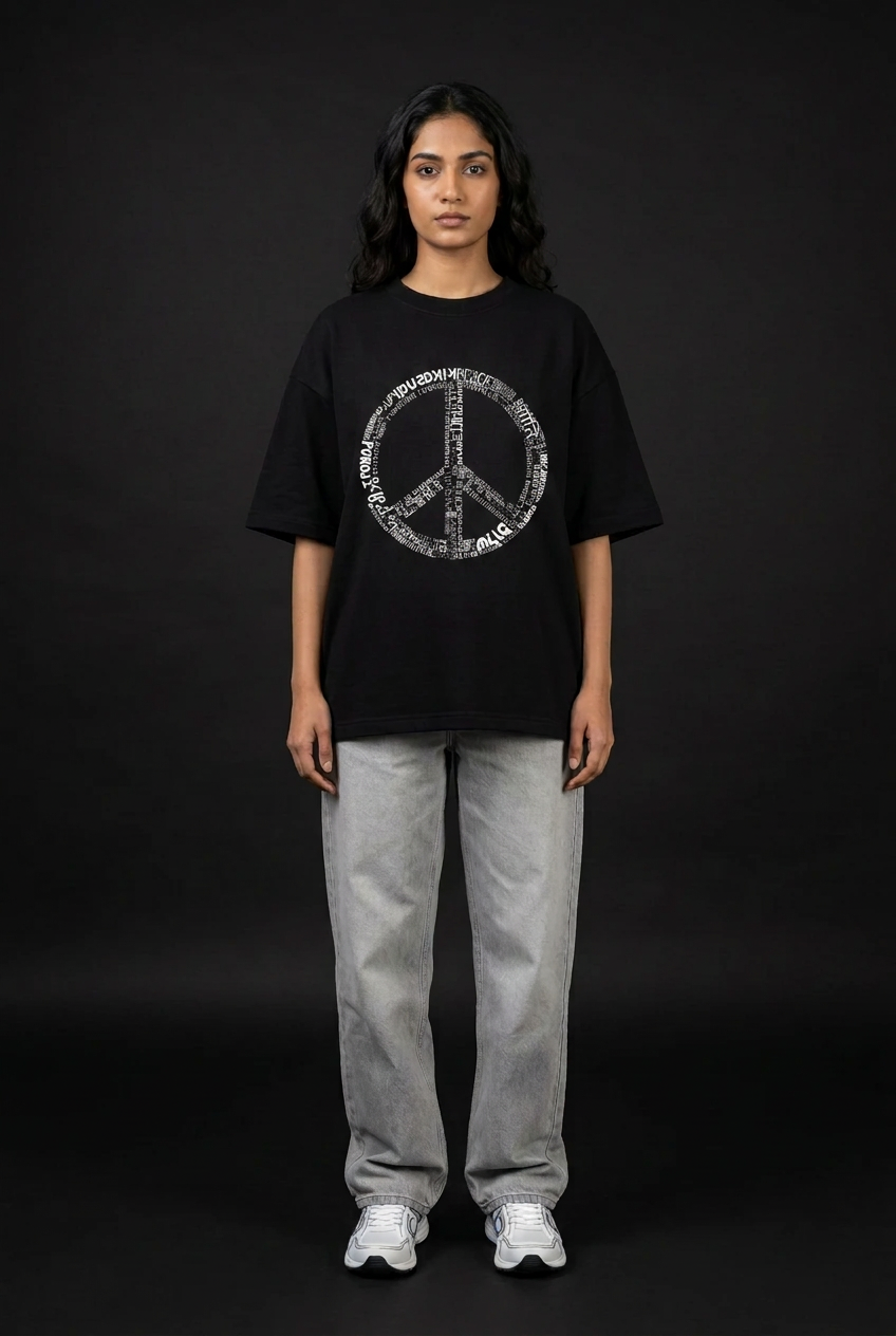 Female front view of black Peace oversized tee with smaller white peace print