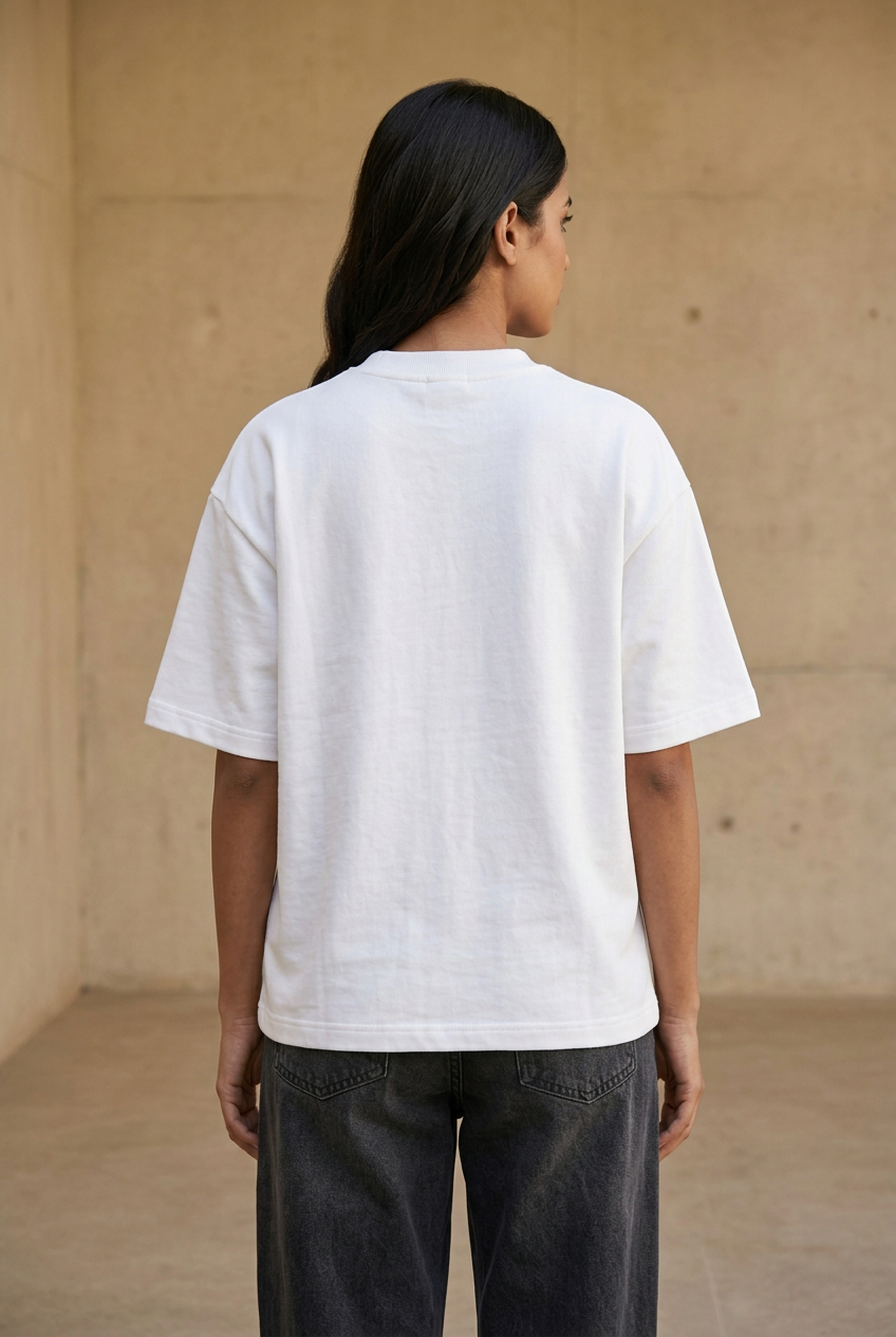 Hug Money white oversized T-shirt, plain female back view