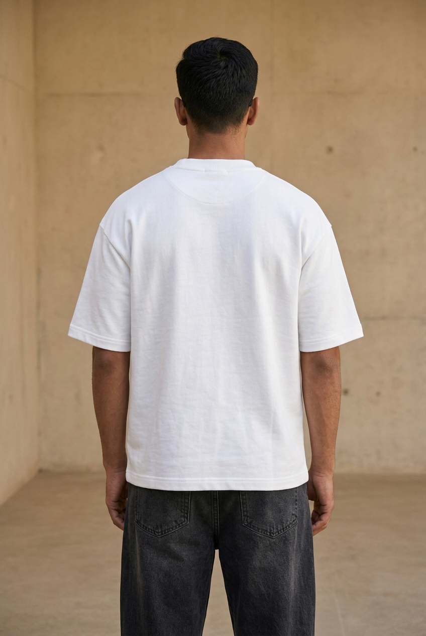 Hug Money white oversized T-shirt, plain male back view