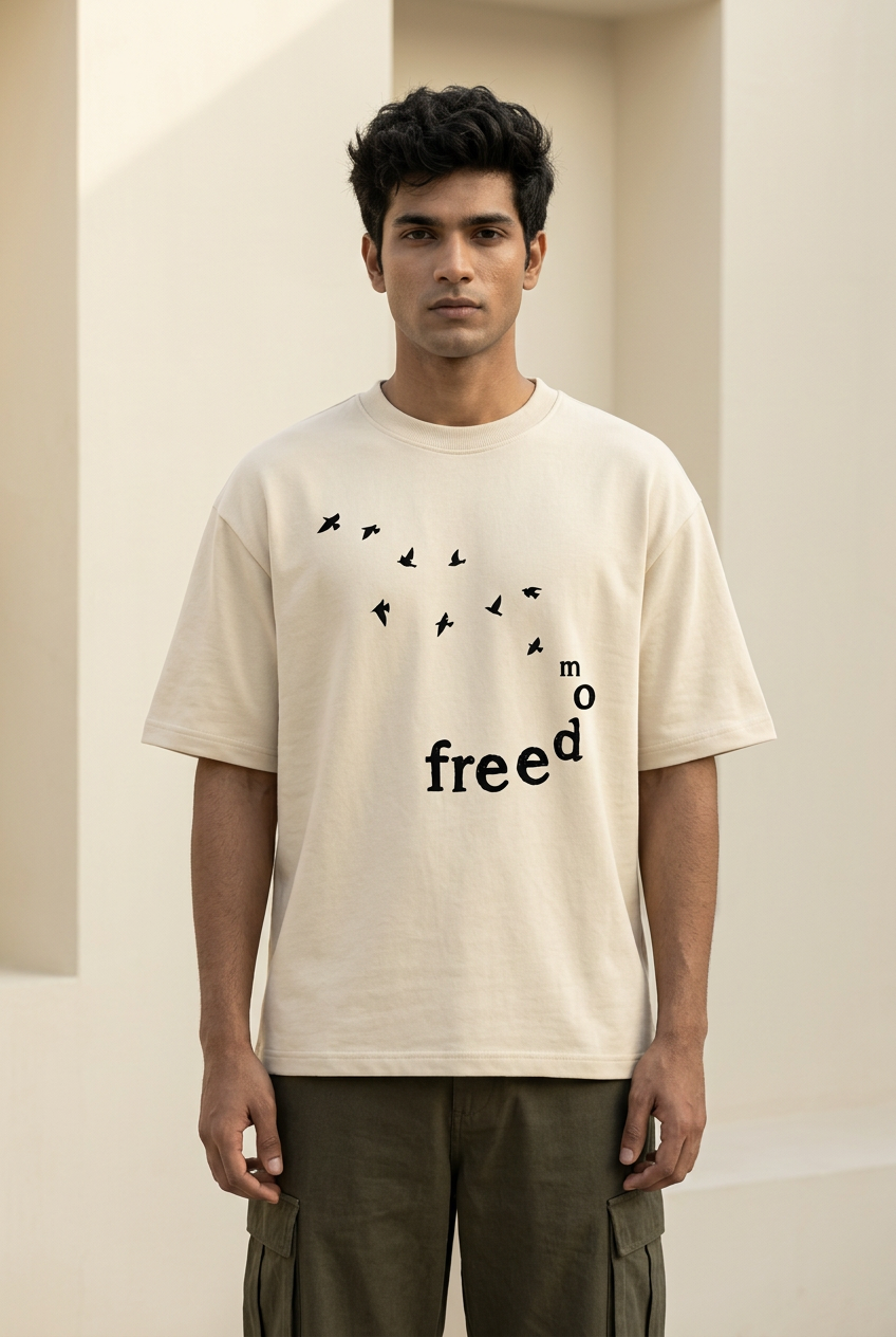 Freedom light beige oversized graphic T-shirt, male front view