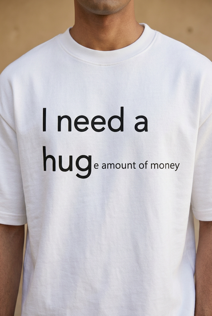 Hug Money black typography print detail on white cotton