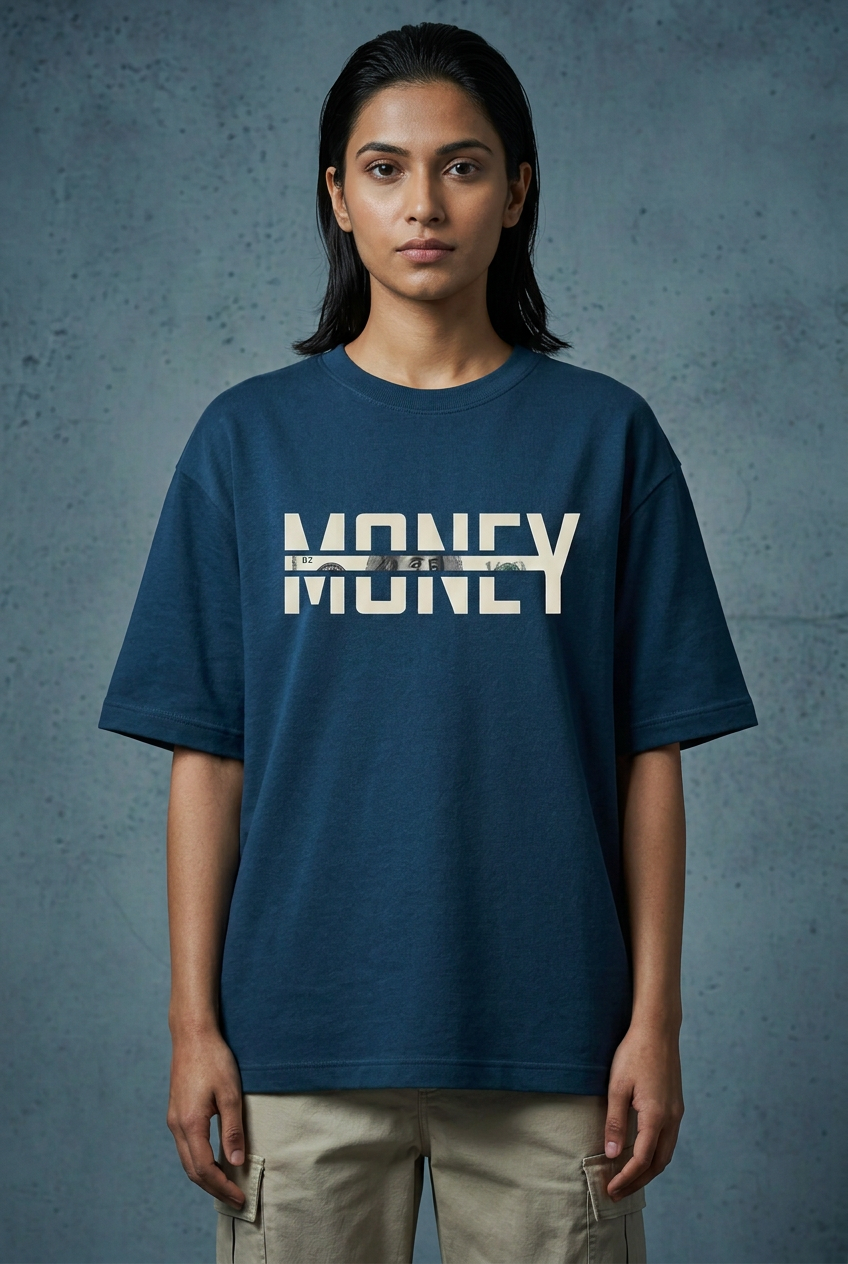 Female front in dark turquoise Money tee