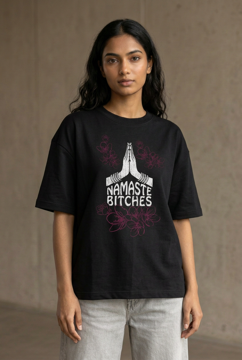 Namaste black women's graphic tee, alternate front pose