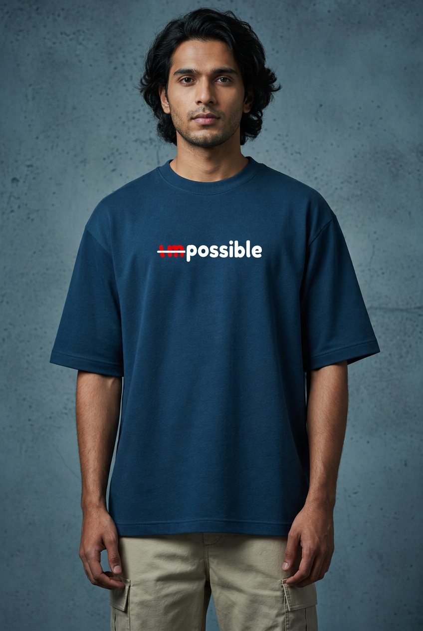 Possible dark turquoise oversized tee, male front with compact print