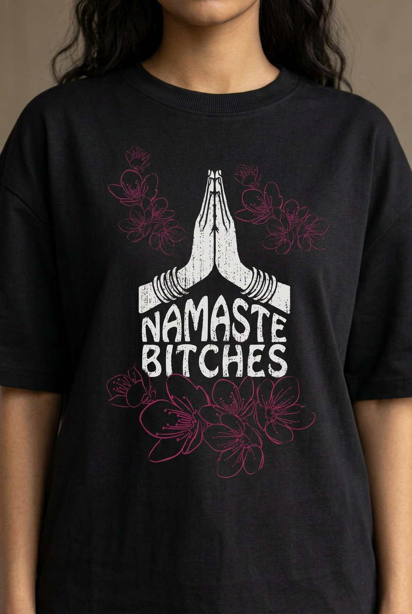 Namaste white praying hands, lettering and pink floral print detail