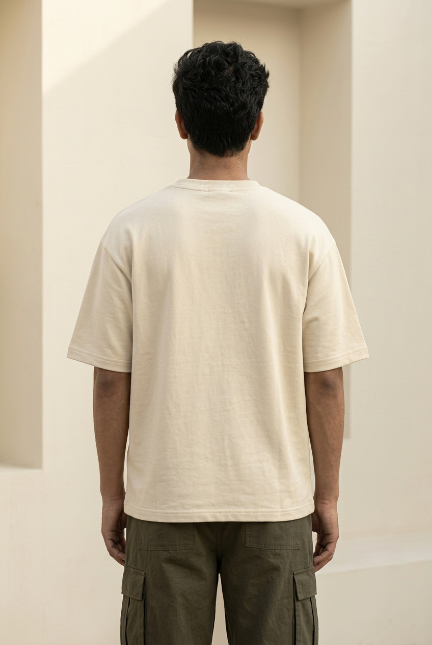 Freedom light beige oversized T-shirt, plain male back view