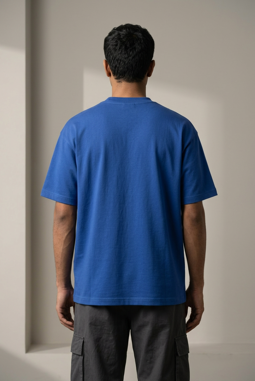 Male plain back of royal blue Aura tee