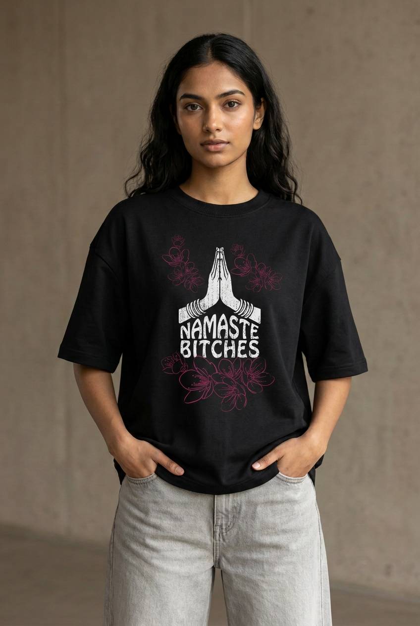 Namaste black women's oversized graphic tee, front view