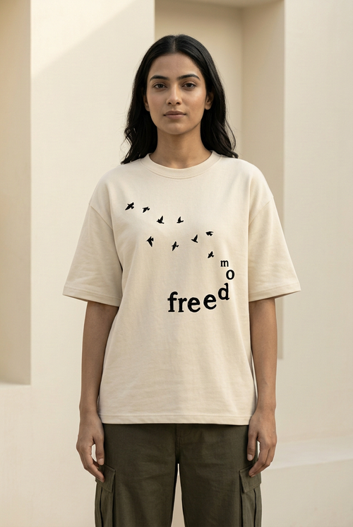 Freedom light beige oversized graphic T-shirt, female front view