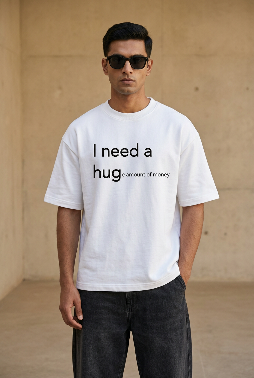 Hug Money white oversized graphic T-shirt, male front view
