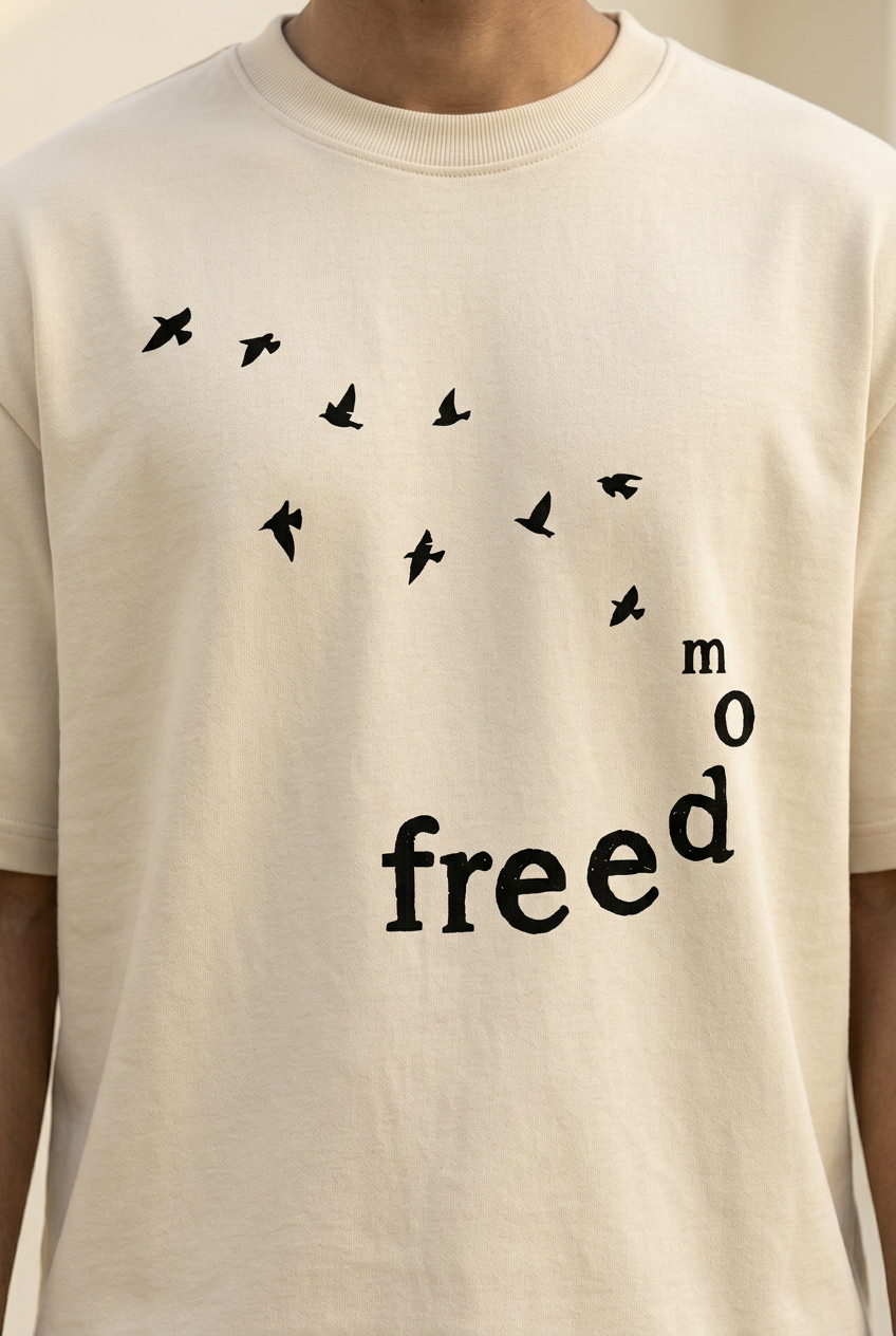 Freedom lettering and black bird artwork close-up on light beige cotton