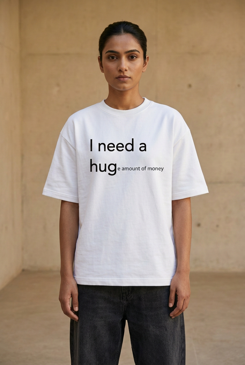 Hug Money white oversized graphic T-shirt, female front view