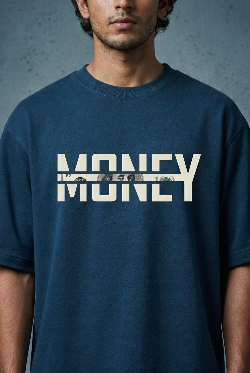 Close-up of ivory Money banknote artwork on dark turquoise tee