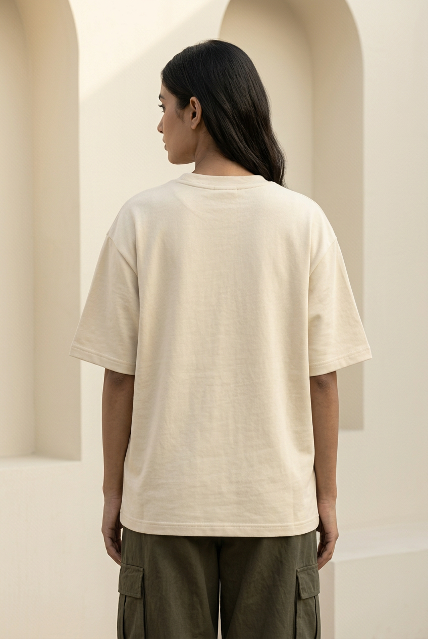 Freedom light beige oversized T-shirt, plain female back view