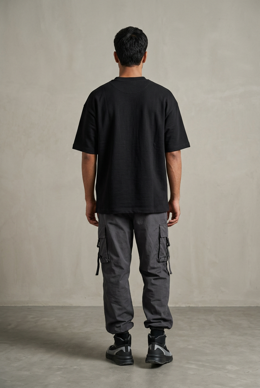Male back view of plain black Peace T-shirt