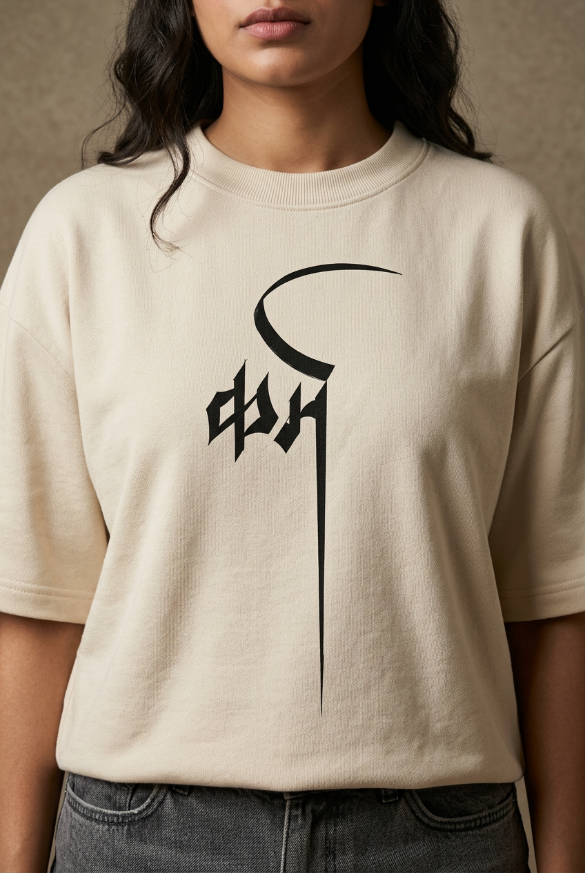 Light beige graphic tee female close-up