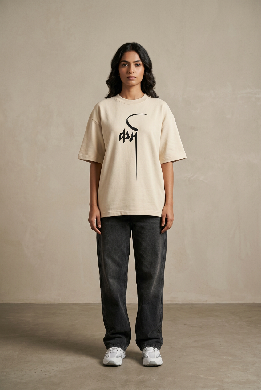 Light beige graphic tee female front