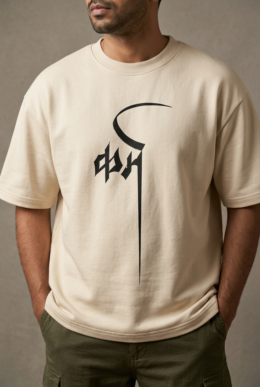 Light beige graphic tee male close-up