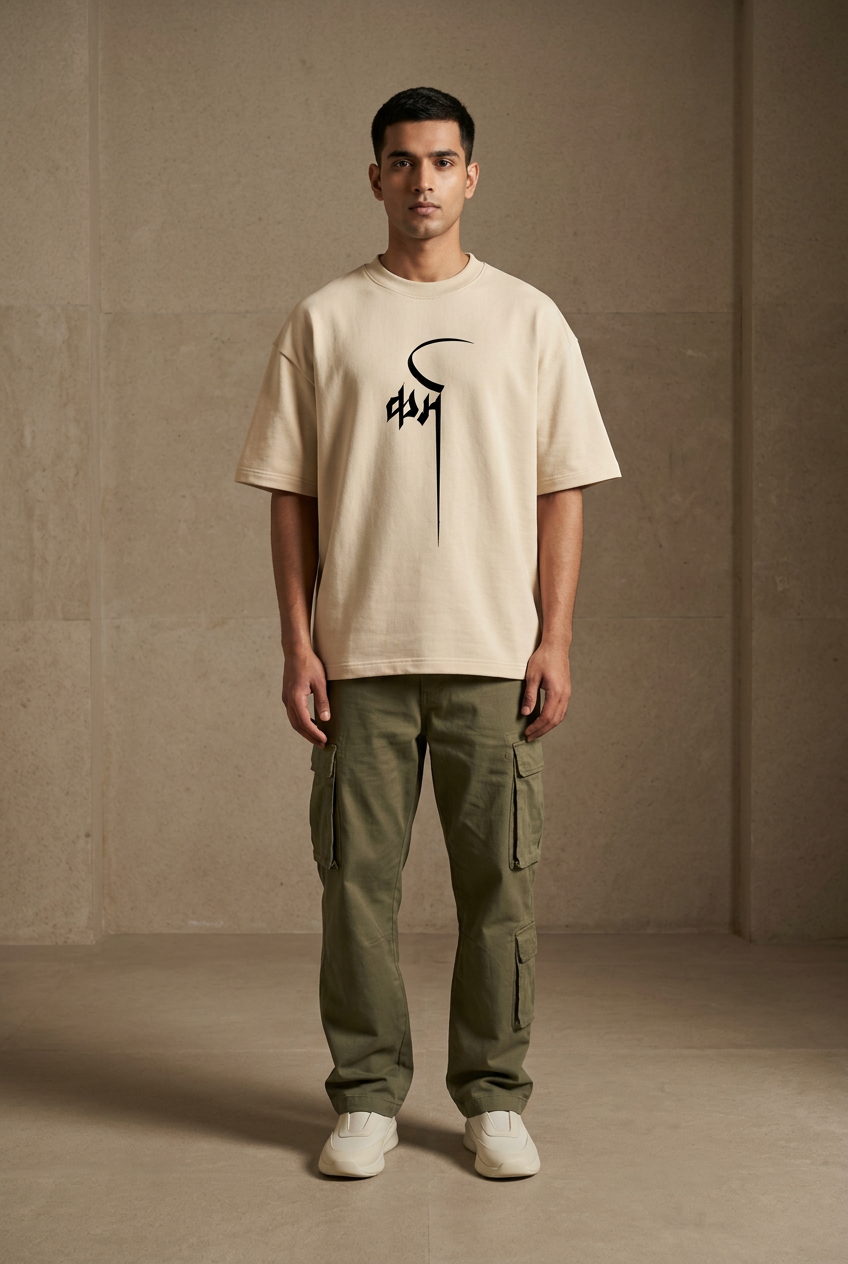 Light beige graphic tee male front