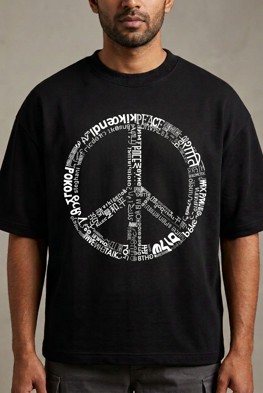 Male close-up Peace tee with matching print size