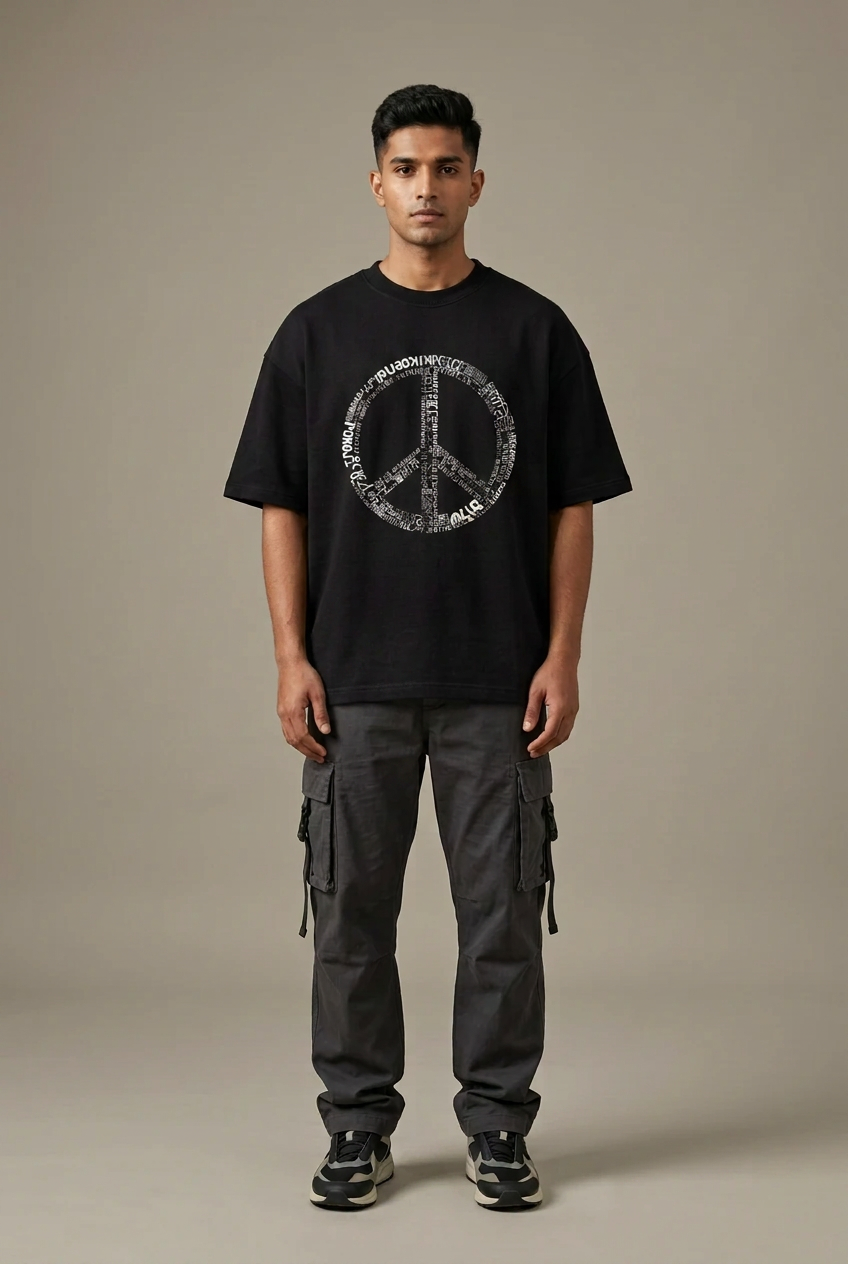 Male front Peace tee with corrected hem