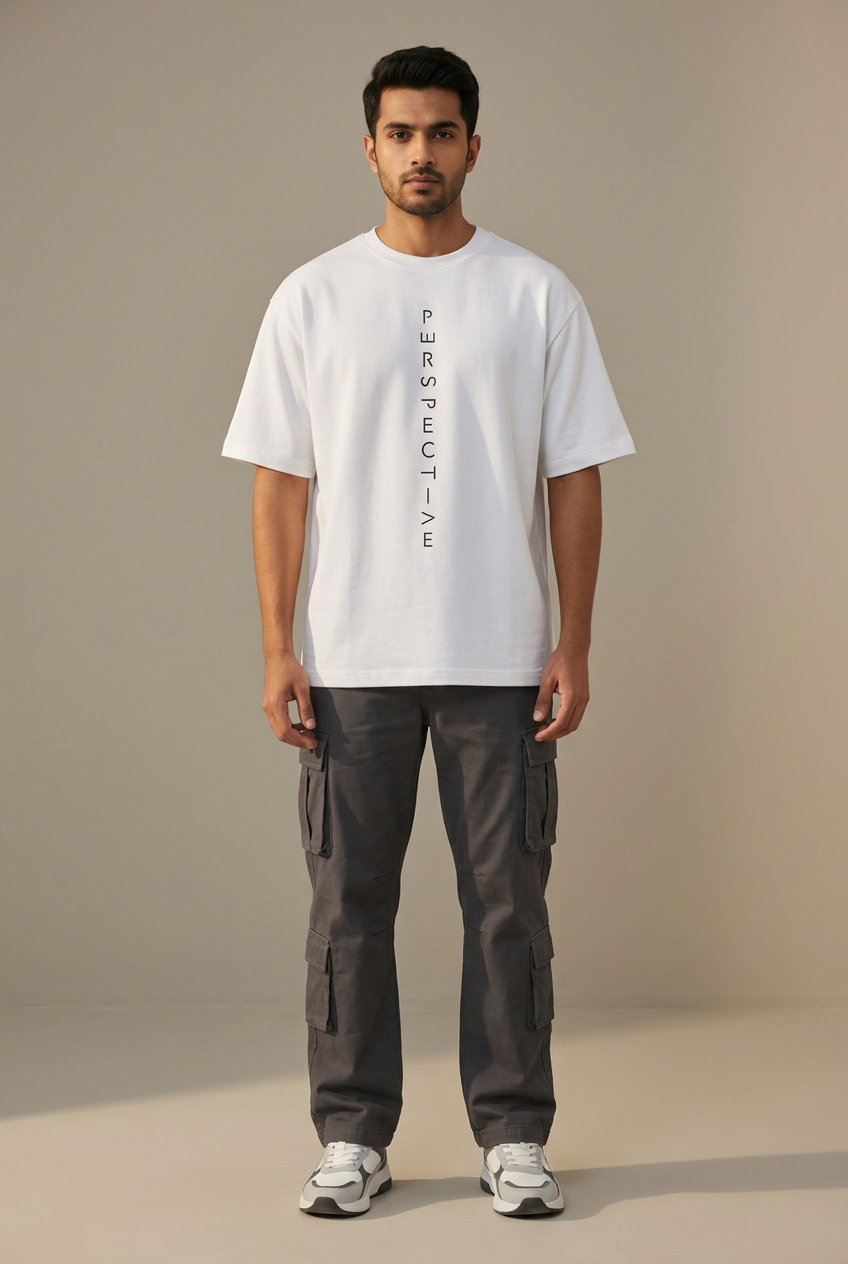 Male single front in white Perspective tee