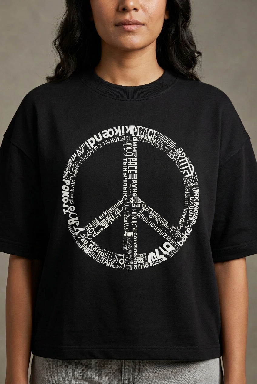 Peace tee female close-up with smaller print